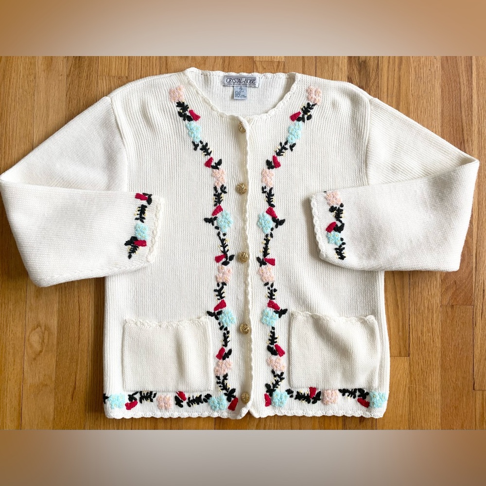 Vintage 80s CRYSTAL-KOBE Embroidered Cardigan *Medium* Floral Rockabilly Sweater
